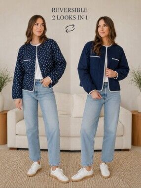Reversible Quilted Floral Puffer Jacket Navy Blue 2-in-1 Cropped Jacket